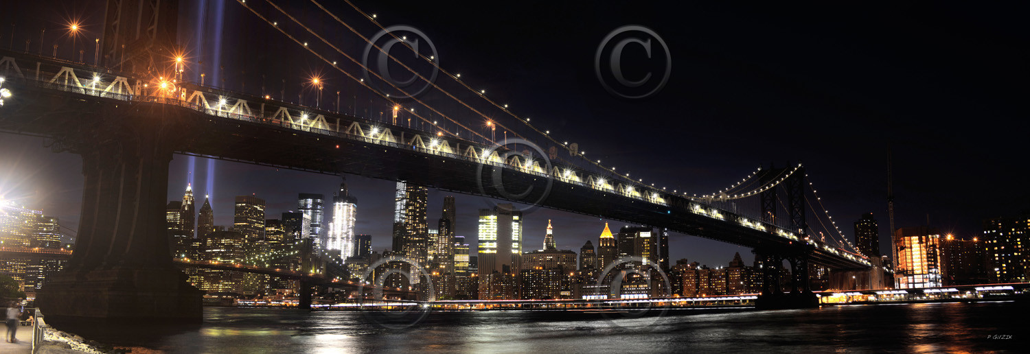 NEW YORK CITY  PONT DE MANHATTAN  & PONT DE BROOKLYN BY NIGHT and Tribute in Light (en français : « Hommage en lumière »)New york photo panoramique couleur de nuitXXLFORMAT DISPONIBLE  150X52cm  33X95cm ( et 20X60cm en vente direct uniquement )pas de telechargement disponible.A chaque format correspond une éditions limitée spécifique .© collection P GUZIKA titre indicatif suivant la finition, tarif encadré vente direct:150 x 52 cm 180€33   x 95 cm   99€20   x 60 cm   39€disponible en  30 X10 cm  sur stand en vente directDISPONIBLE SUIVANT STOCK -  CRÉATION JOURNALIERE  -